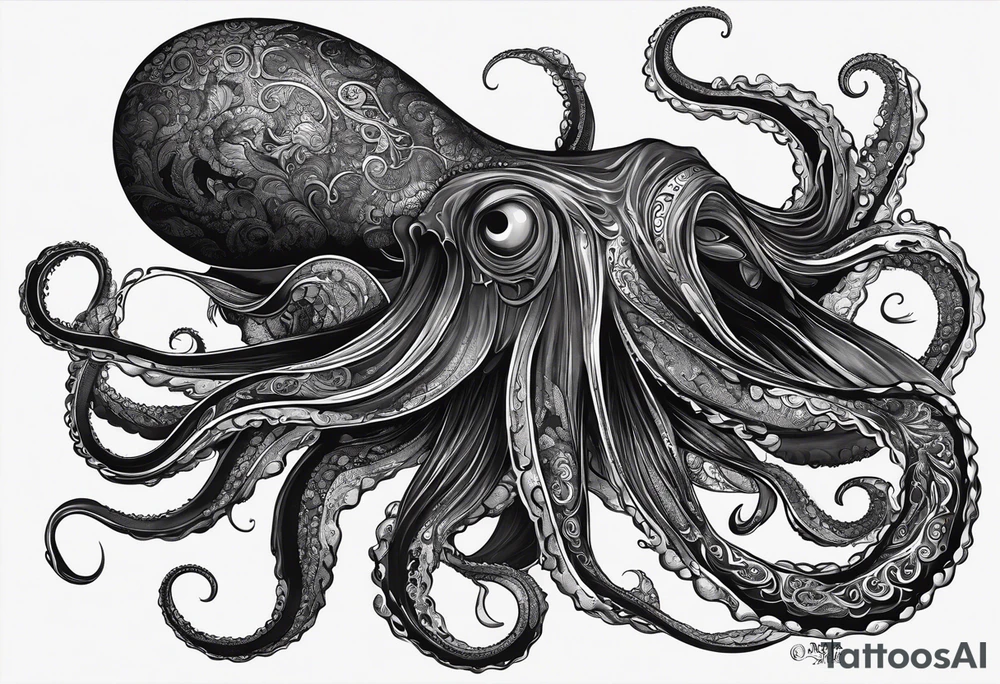 The horrifying squid hides itself in ink and turns the color of its body to black to blend into the black sea tattoo idea