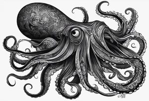 The horrifying squid hides itself in ink and turns the color of its body to black to blend into the black sea tattoo idea
