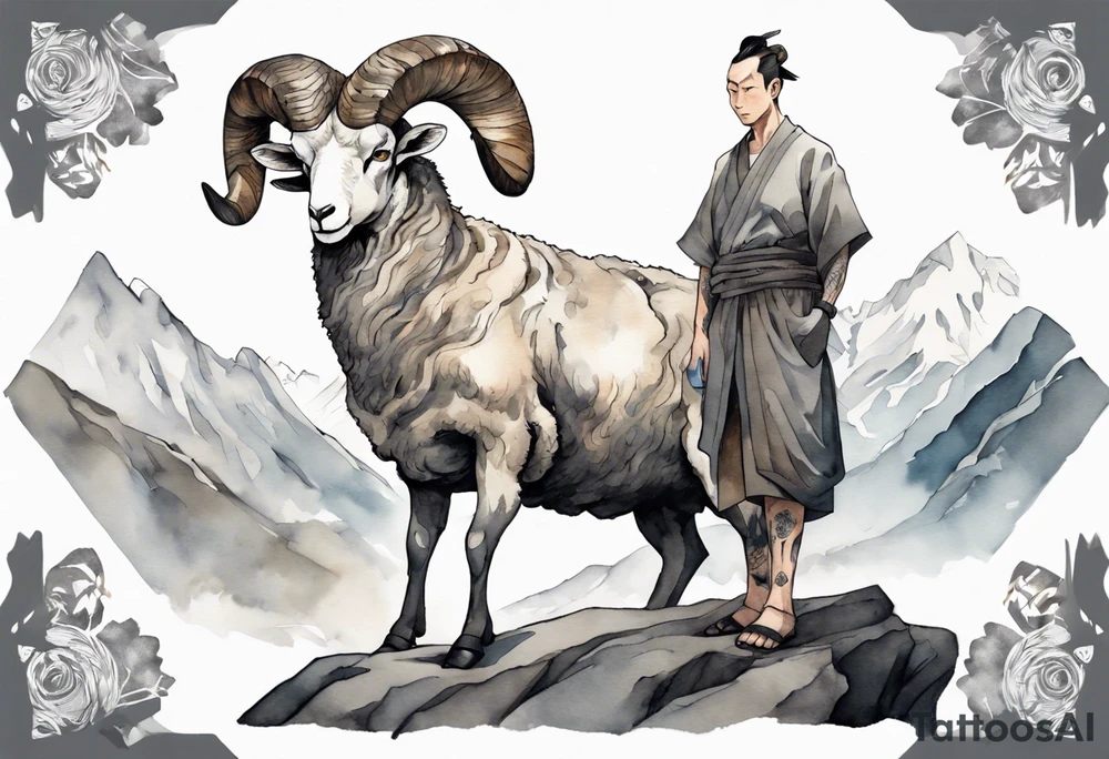 a solitary muscular man with the head of a big-horned sheep, wearing a grey tunic on a mountain tattoo idea