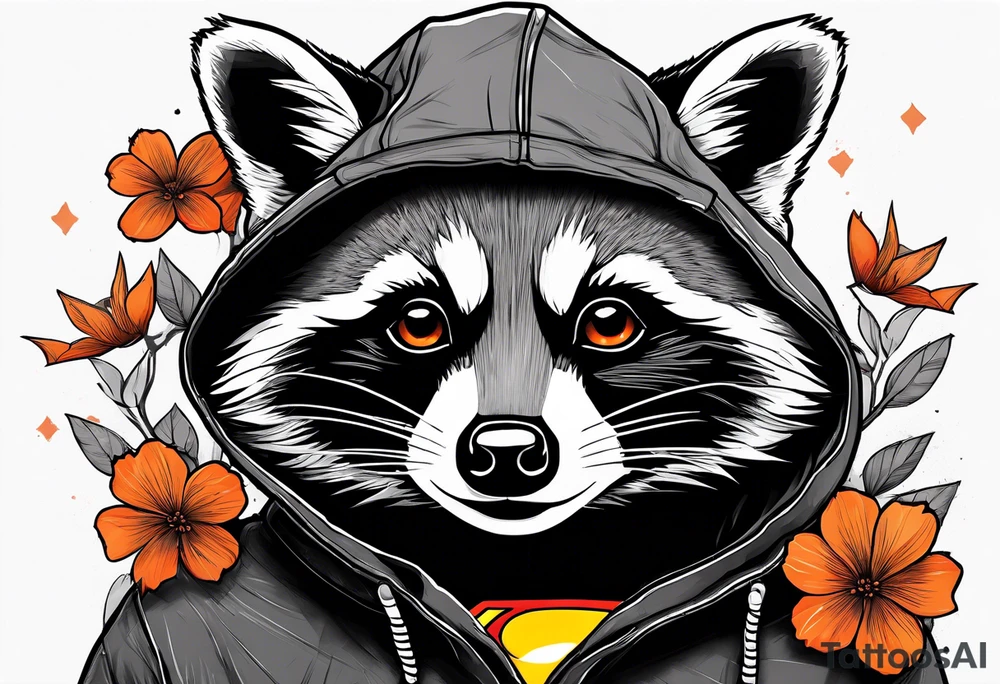 raccoon wearing a black and white Superman hoodie and orange Japanese cherry blossoms tattoo idea