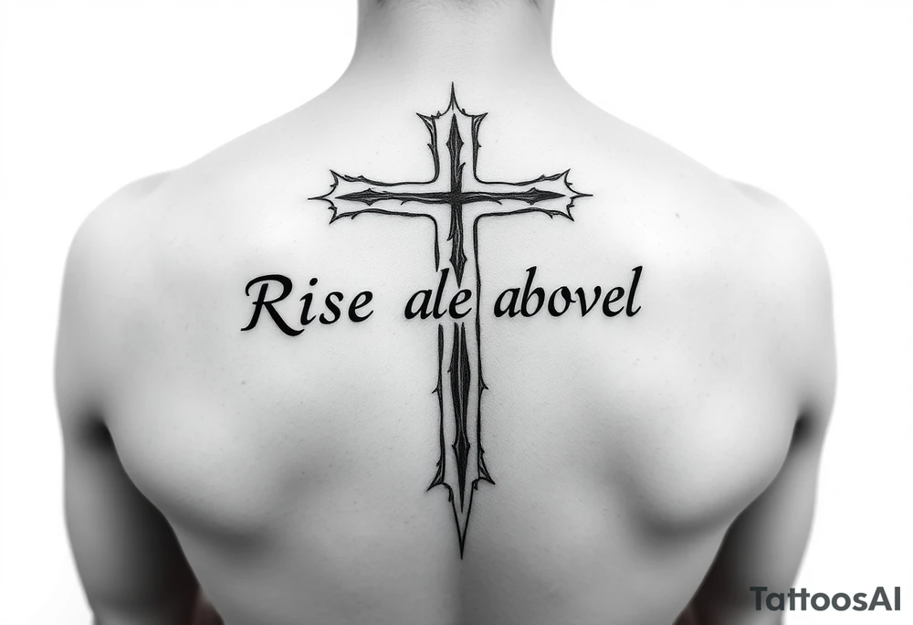 cross tattoo with thorns saying rise above all tattoo idea