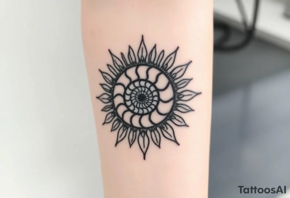 Fibonacci spiral shell inside of sun tattoo idea