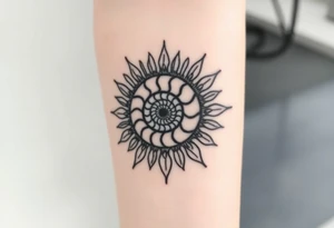 Fibonacci spiral shell inside of sun tattoo idea