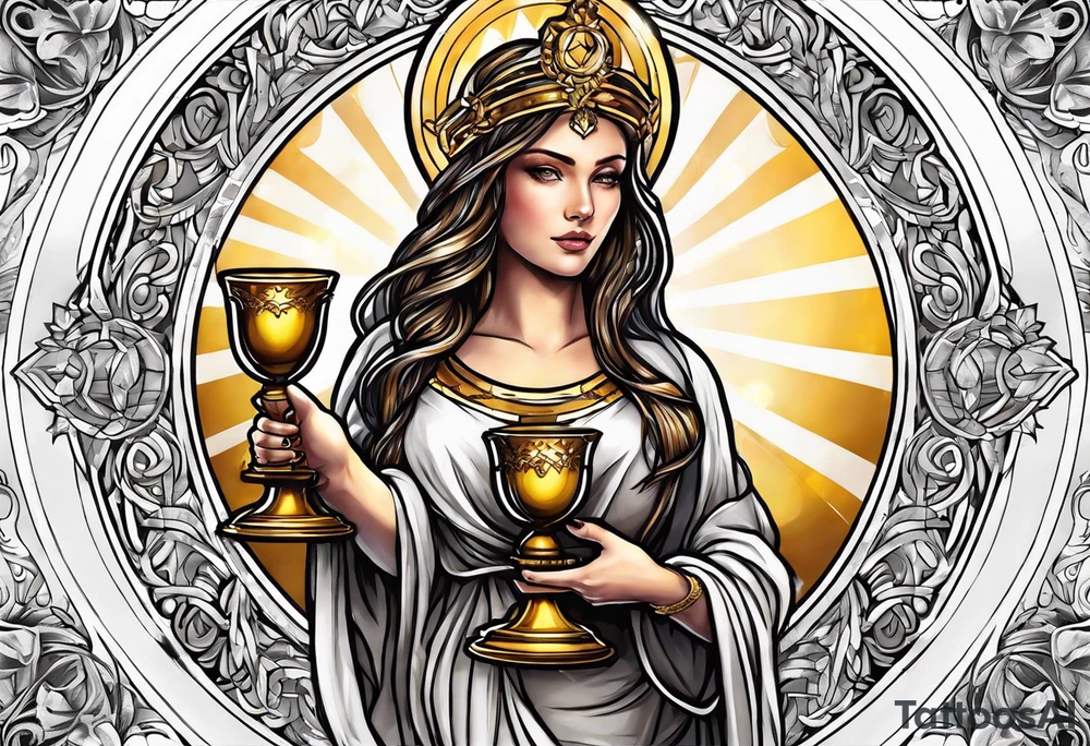 woman saint holding chalice surrounded by golden halo tattoo idea