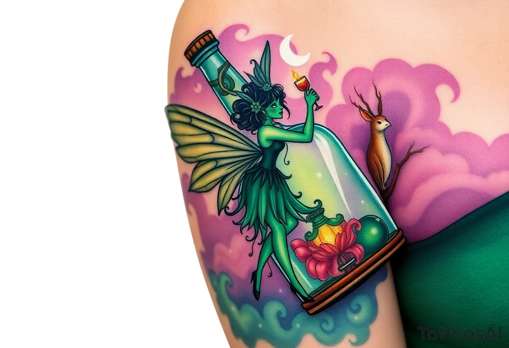 Tim Burton’s kelly doty pin up style Vintage Parisian elegant and hauntingly beautiful yet eerie full body absinthe Green Fairy dances outside her victorian crystal decatur she was once inside this elaborate ornate bottle absinthe bottle Absinthe Art Nouveau   and dripping with muted reds, dusty pinks, and eerie green glow.purple and cyan smokey clouds swirl in the crescent moonlit sky thats sprinkled with stars tattoo idea