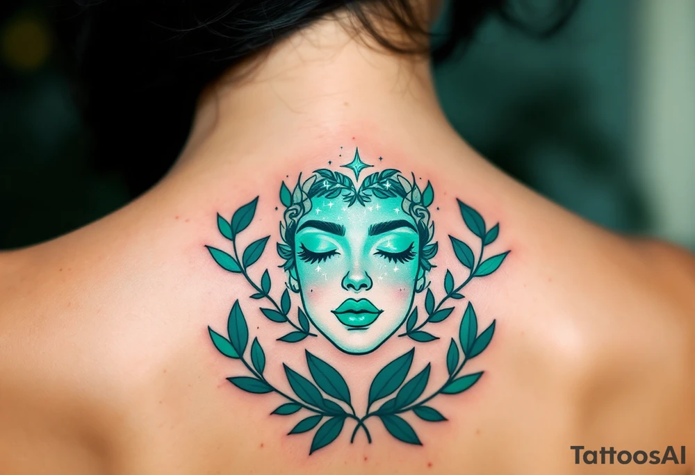 A Virgo constellation in deep emerald green overlays a serene face framed by cornflower-blue laurel leaves. tattoo idea
