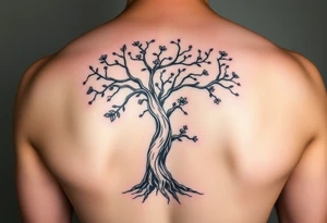 back tattoo with proverbs 31 with tree of life woman tattoo woman’s body as the trunk with no head  with roots and branches from neck with  small flowers from a few branches tattoo idea