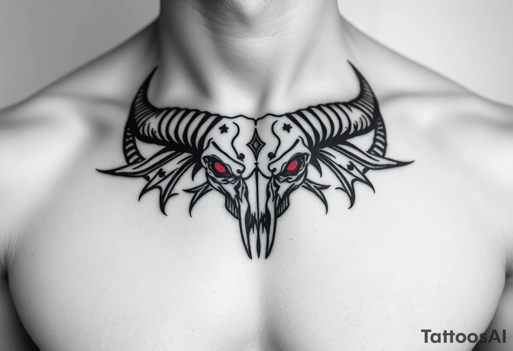 Evil Abstract looking taurus skull chest tattoo with red eyes tattoo idea