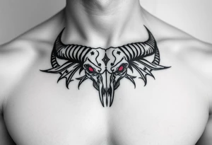 Evil Abstract looking taurus skull chest tattoo with red eyes tattoo idea