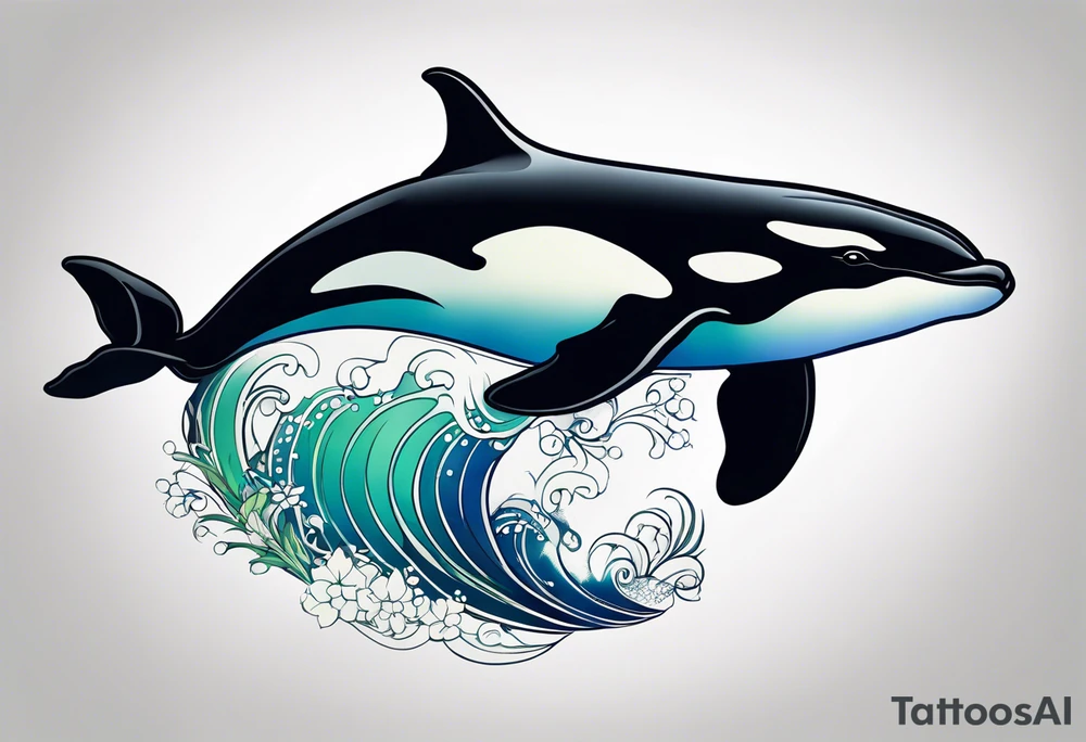 a killer whale with blues shades and light greens, minimalistic tattoo idea