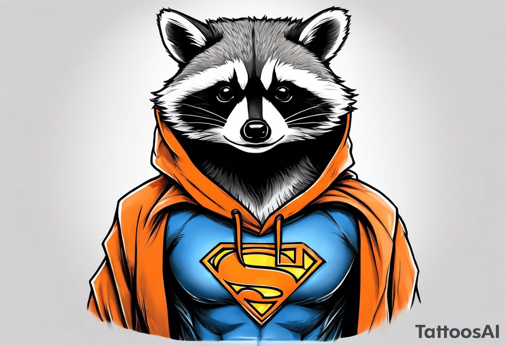 Raccoon wearing an orange Superman hoodie tattoo idea