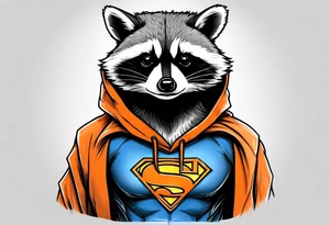 Raccoon wearing an orange Superman hoodie tattoo idea