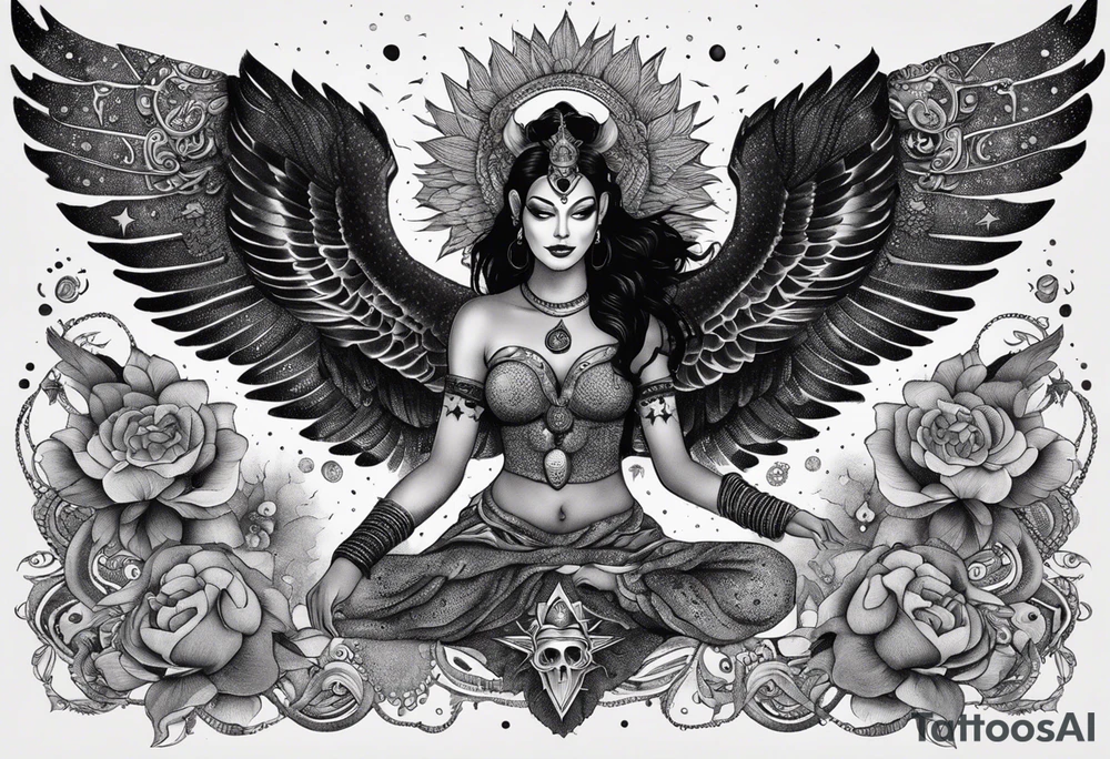 black kali, goddess pirate, alien, angel, pachamama, valkrye, warrior, flying, skull, lotus azul, wing, eagle, zenza resonance, stars, 5D, anahata chakra, death, durga, riding on a tiger, flying lady, kundalini, chest tatoo, samuri, rebel,serpent tattoo idea