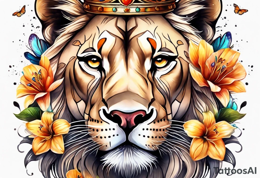 African lioness covered in lilies butterflies crown tattoo idea