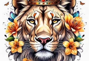 African lioness covered in lilies butterflies crown tattoo idea