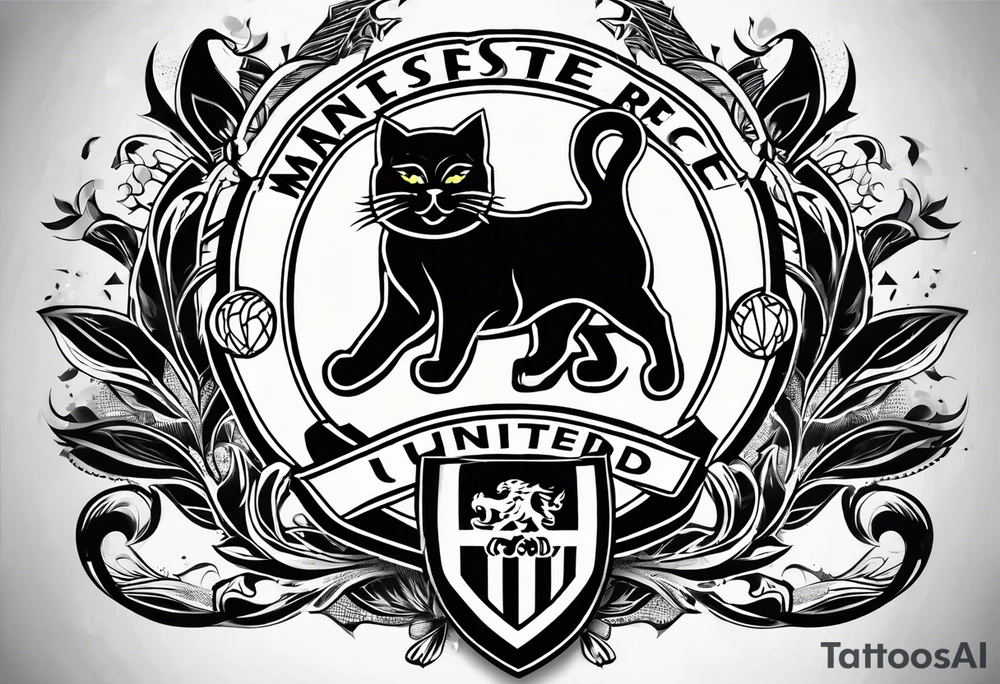 Manchester United, two cats, God, edm, all combined into one art. manchester united crest to be the focal point tattoo idea