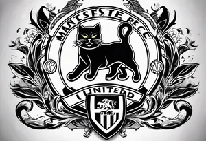 Manchester United, two cats, God, edm, all combined into one art. manchester united crest to be the focal point tattoo idea