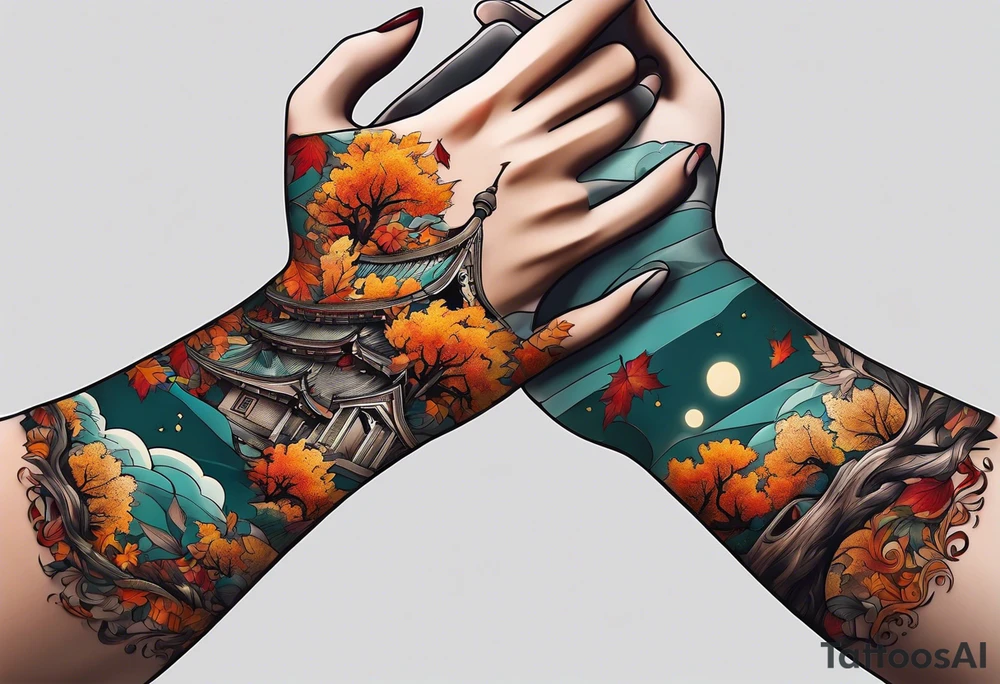 Arm Sleeve Tattoo with fall colors flat tattoo idea