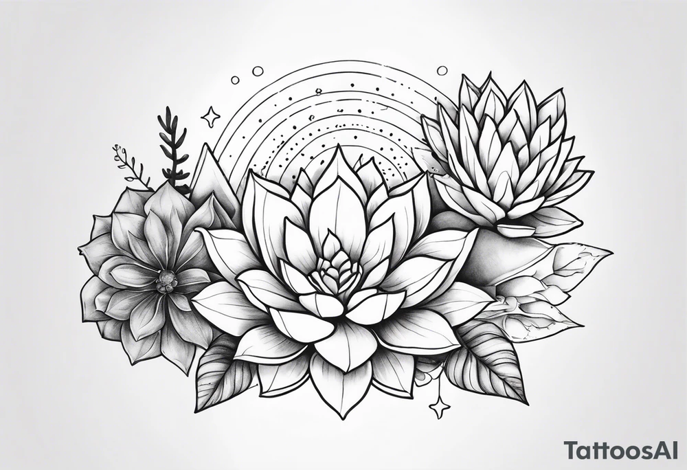 fine line with sun, stars, floral, dots, three succulents
. Sternum tattoo grey scale shading tattoo idea