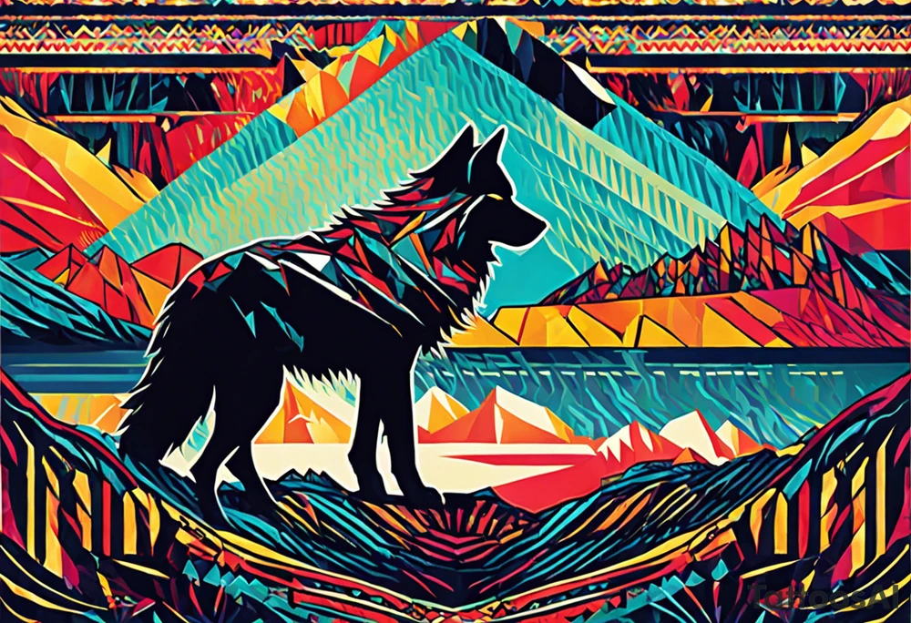 lone wolf traversing a geometric landscape, with sharp lines and vibrant colors symbolizing life's challenges. The wolf's determined gaze reflects resilience and strength, while abstract elements around it represent obstacles overcome. The phrase "Conquer the Journey" in bold, contemporary lettering completes the design, capturing the essence of overcoming life's battles with modern flair. tattoo idea
