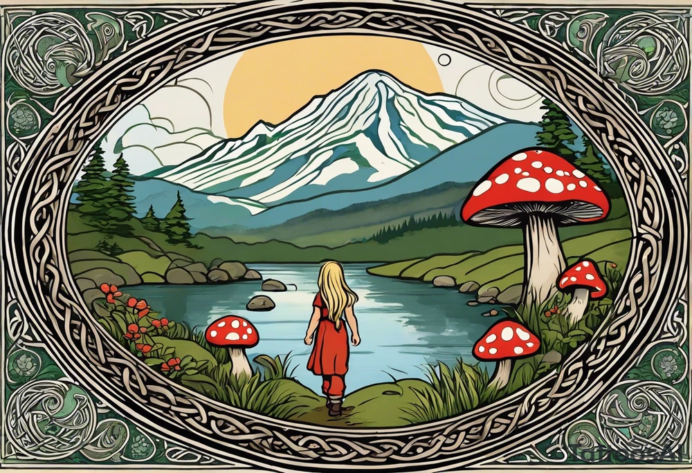 Whole picture encircled fully

Straight long blonde hair celestial girl in distance holding mushrooms in hand facing away toward mountains and creek surrounded by mushrooms long sleeve shirt and hiking pants; whole rendering within a full celtic circle border, no cut off circle

Family with father, mother, soon, 2 daughters foraging tattoo idea