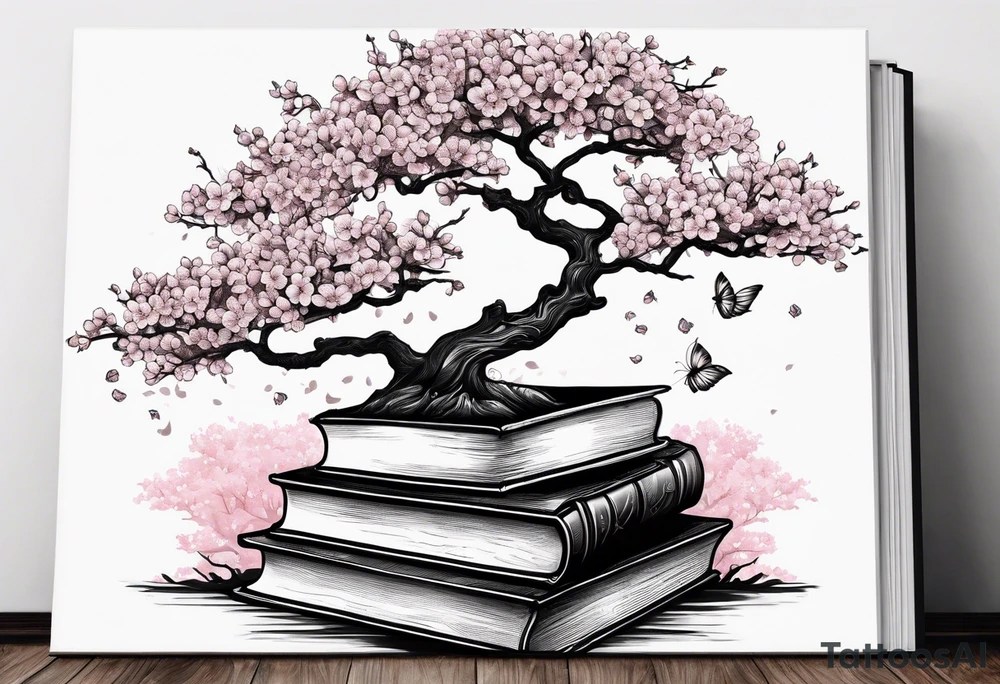 Stack of books with open book on top and cherry blossom tree growing out of it tattoo idea