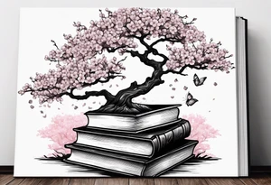Stack of books with open book on top and cherry blossom tree growing out of it tattoo idea