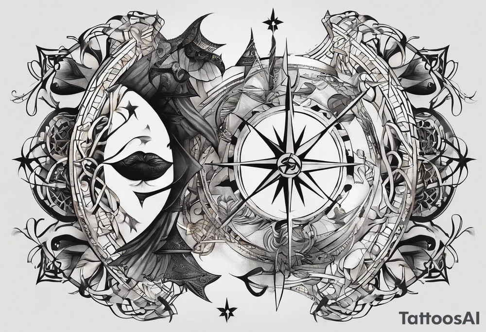 Create a tattoo sketch that visually represents the concept of us having no control of our genetics and free will, and the struggle a mind has with this. Concepts that are fine to include is time, compass rose, dna, breaking chains and consciousness itself. The sketch should have concepts blend and flow into each other. It should be aimed to fit in the left side of a man’s chest, possibly extending a bit up the elbow. It can be a bit circular, but if so things should break out of the circle sometimes. Don’t make the whole thing a compass rose. tattoo idea