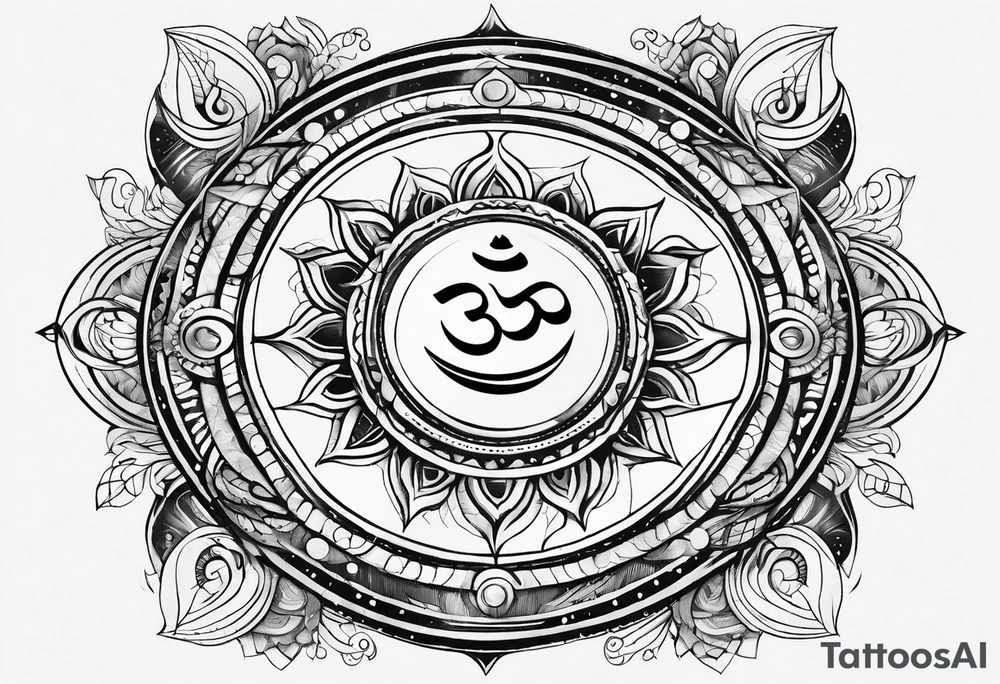 engineering and nature revolving around solar system with OM symbol in the center tattoo idea
