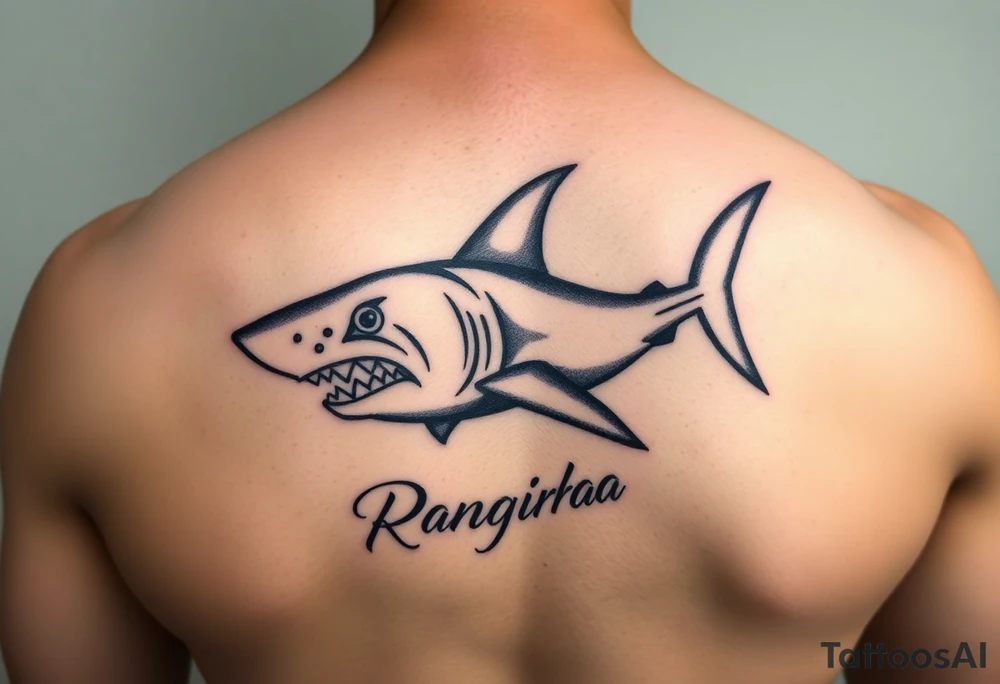 tribal hammer head shark with Rangiroa text on the back tattoo idea