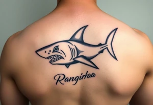 tribal hammer head shark with Rangiroa text on the back tattoo idea