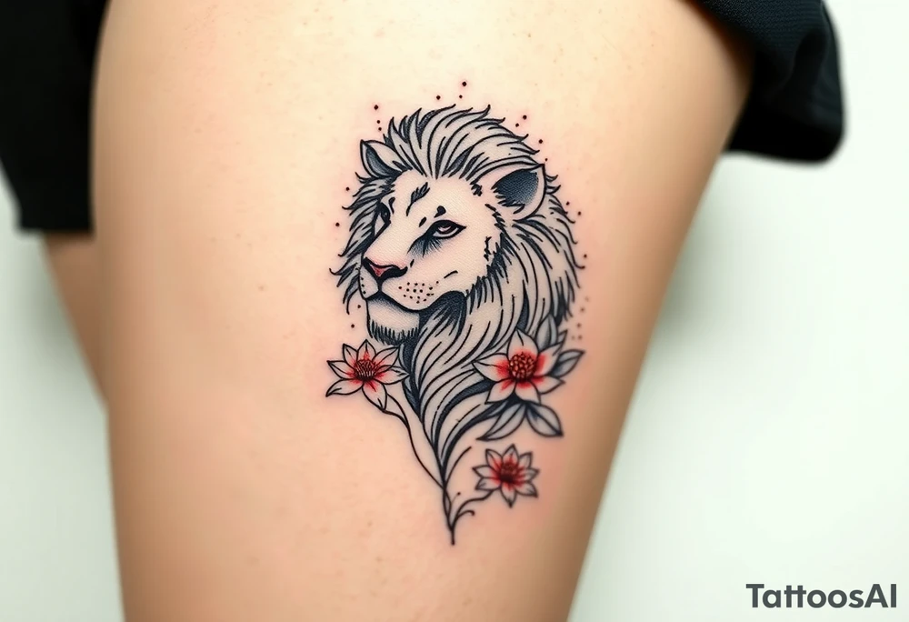 Lion with larkspur and water lilies tattoo idea