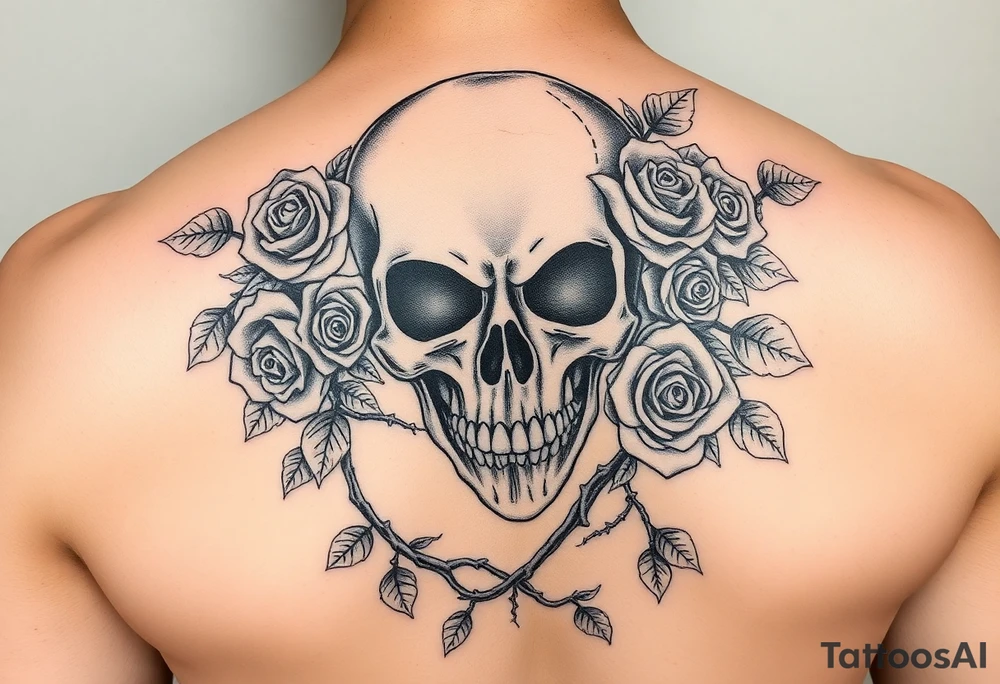 gothic skull intertwined with climbing roses and thorny vines tattoo idea