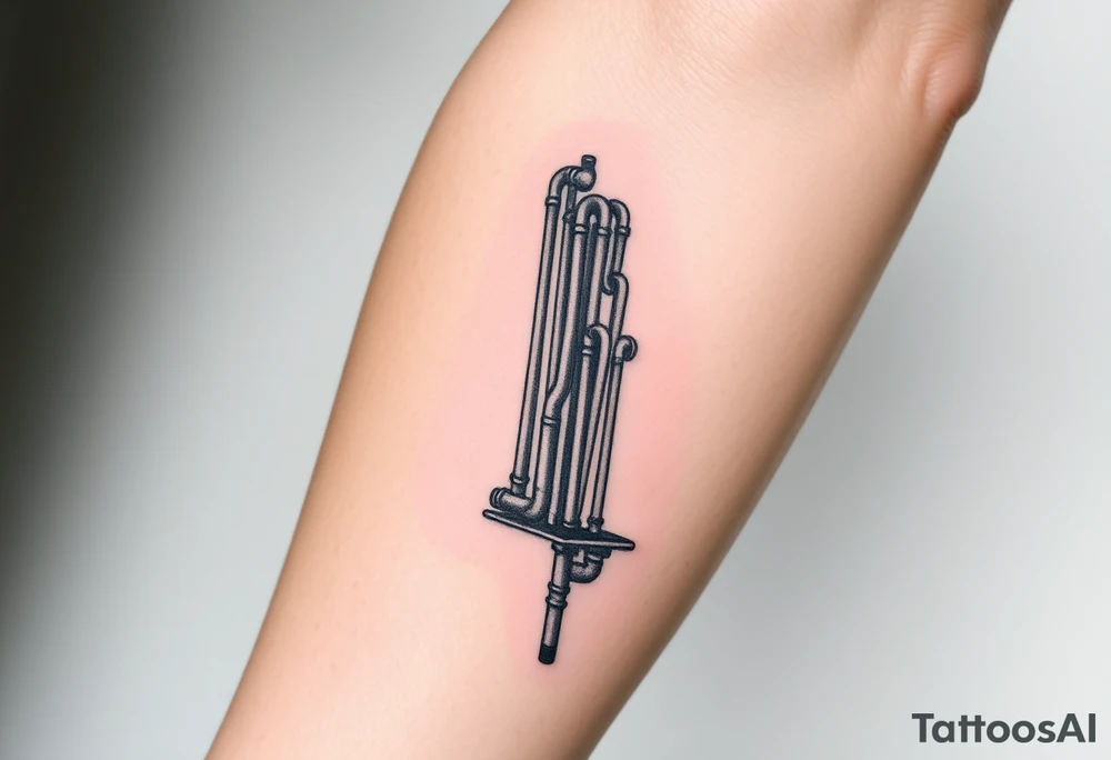 vertical column made of 
system of 100 thin curved plumbing pipes tattoo idea