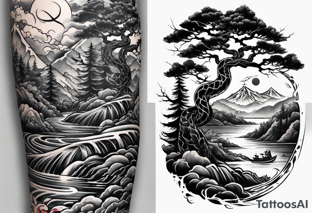 Full arm sleeve, tree going up to shoulder dead tree going down to wrist, wrapped in a serpent moving down with mountain, water, and demon tattoo idea
