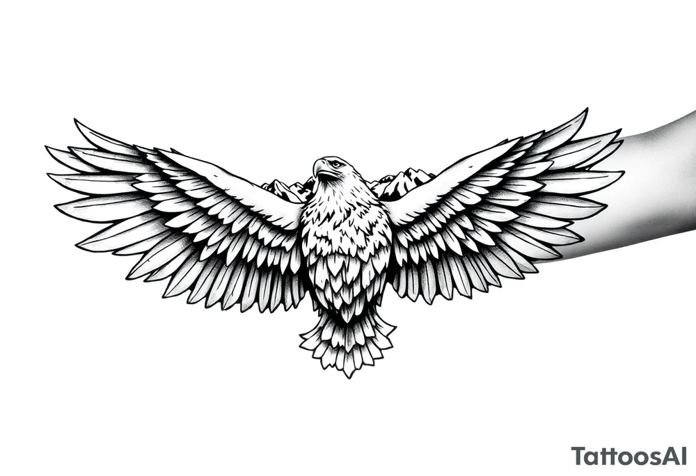majestic eagle spreading wings against mountain peaks tattoo idea
