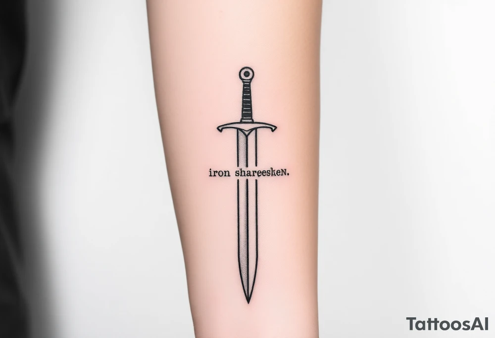 Minimalist black ink tattoo sketch of a vertical medieval sword with the phrase “Iron Sharpens Iron” engraved along the blade. Clean lines, no shading, forearm tattoo design. tattoo idea