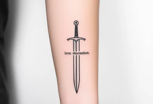 Minimalist black ink tattoo sketch of a vertical medieval sword with the phrase “Iron Sharpens Iron” engraved along the blade. Clean lines, no shading, forearm tattoo design. tattoo idea