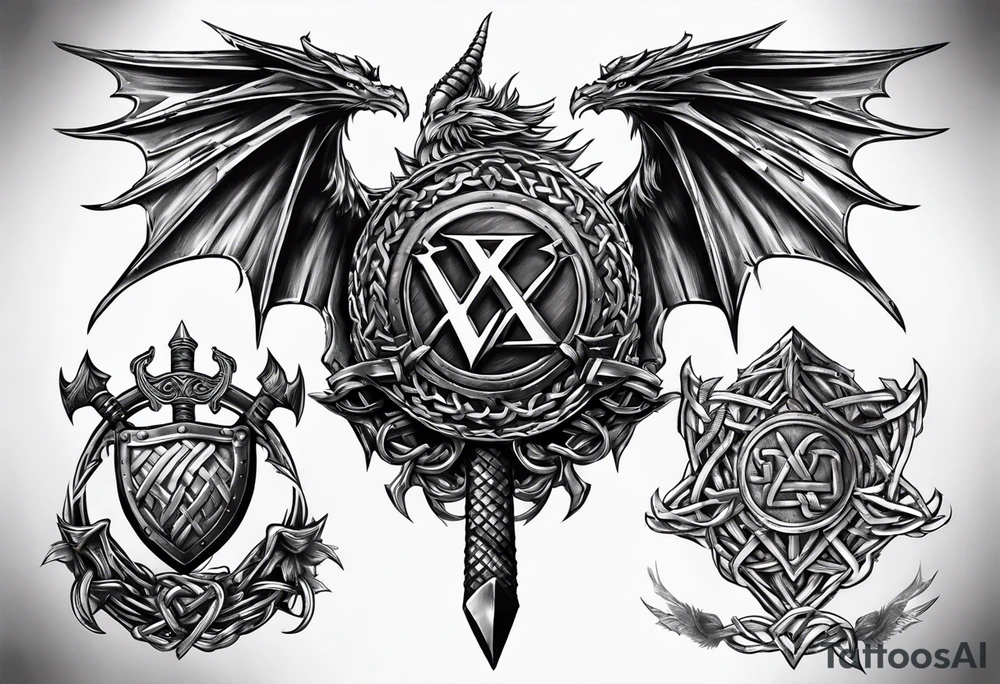 Valhalla sword shield dragon axe Valknut barbed wire chains tattoo idea