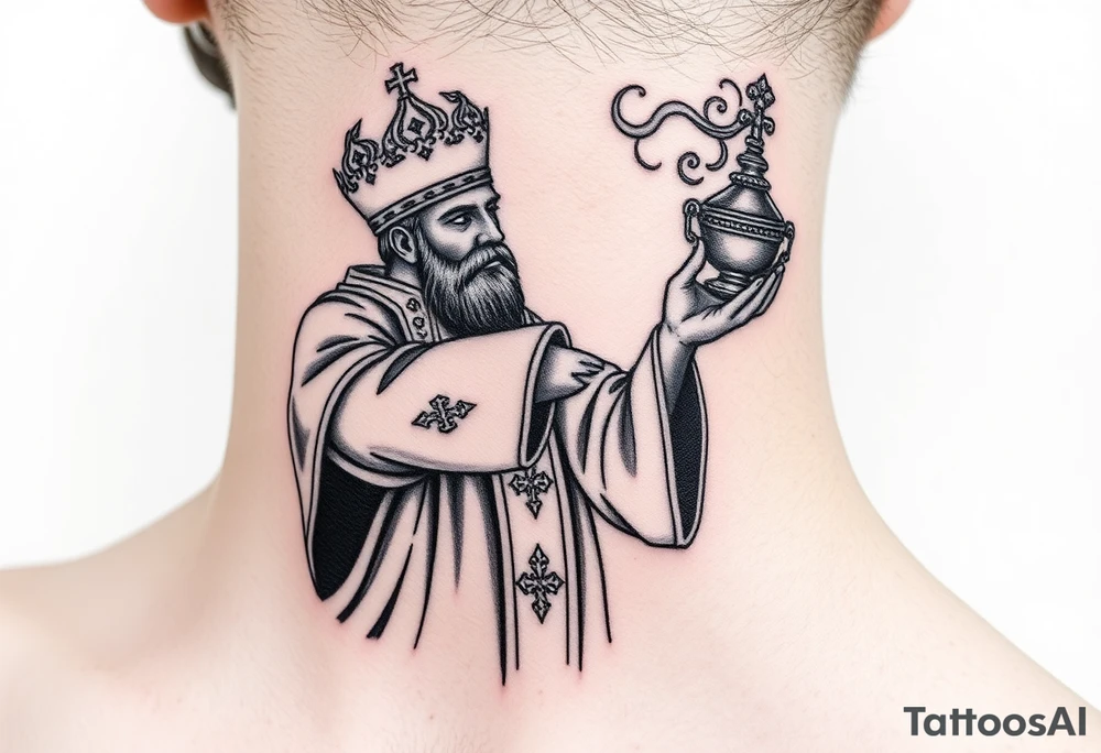 Russian Orthodox Priest in a fully detailed gold vestment swinging a censer with smoke curling upward tattoo idea
