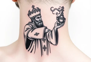Russian Orthodox Priest in a fully detailed gold vestment swinging a censer with smoke curling upward tattoo idea