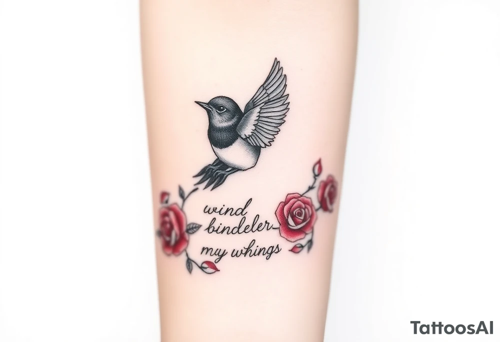 Soaring robin with trail of red rose petals with writing saying wind beneath my wings tattoo idea