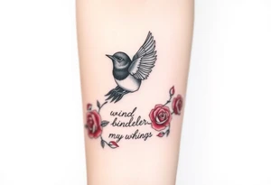 Soaring robin with trail of red rose petals with writing saying wind beneath my wings tattoo idea