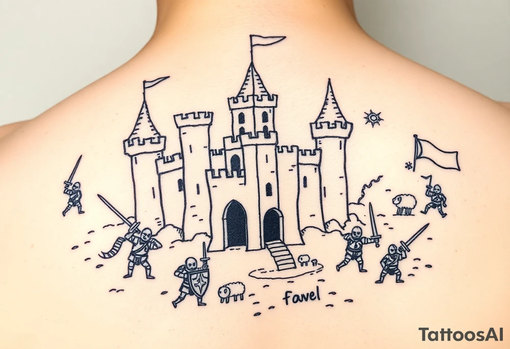 "Sketch-style or blackwork tattoo of a stylized medieval castle inspired by Age of Empires IV, with tiny funny knights clumsily fighting around it. Some are swinging swords too big for them, others are hiding behind shields or chasing sheep. Include small battlefield chaos like broken ladders, dropped flags, or a trebuchet misfiring. Light-hearted and humorous, drawn in hand-sketched cartoon style. Designed for shoulder placement." tattoo idea