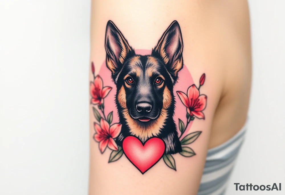 strong looking short haired german shepherd with alert ears surrounded by pink lilies with large leaves in front of a sacred heart tattoo idea