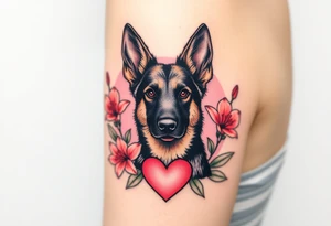 strong looking short haired german shepherd with alert ears surrounded by pink lilies with large leaves in front of a sacred heart tattoo idea