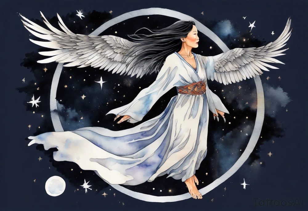 a beautiful 55 year old Dakota woman wearing a silver robe, flying in the night sky with raven wings, bare feet tattoo idea