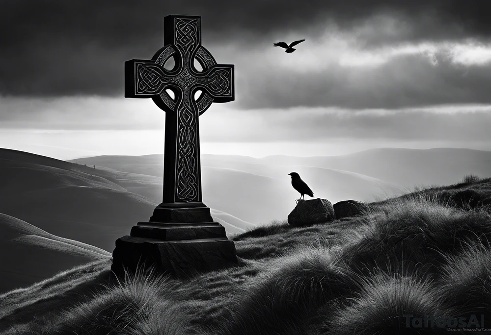 A monochromatic scene of a stone Celtic cross standing tall against a windswept hill. The intricate designs etched into the cross are starkly contrasted against its weathered, black surface. At the arm of the cross, a large raven perches elegantly, its ebony feathers seemingly absorbing the light. The bird's piercing eyes are fixed on something beyond the viewer's sight, lending an air of mystery to the already enigmatic monument. The surrounding landscape is desolate and barren, with the occasional tuft of brown grass struggling to survive the harsh elements. A veil of fog hovers just above the ground, adding to the eerie atmosphere and further isolating the cross from the world around it. The image evokes a sense of timelessness and the enduring strength of Celtic heritage, even in the face of the relentless march of time. tattoo idea