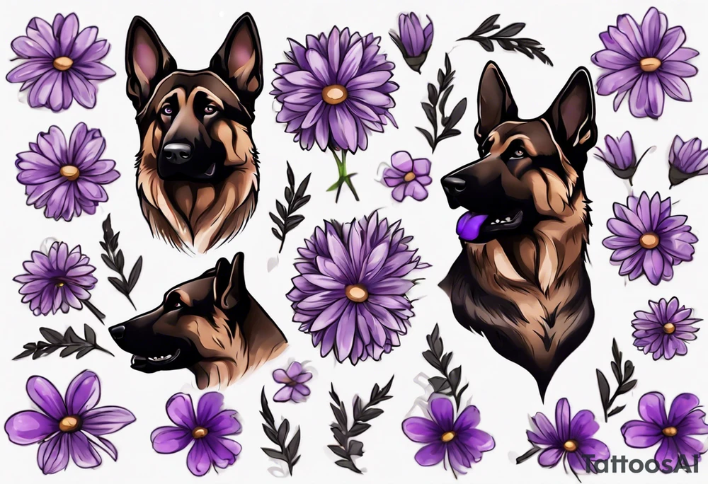 Dark brown, German shepherd with purple daisies tattoo idea