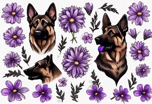 Dark brown, German shepherd with purple daisies tattoo idea